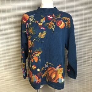 Autumn Pumpkin Leaf Blue Mock Neck Knit Sweater